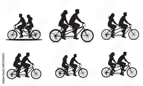 Silhouettes of couples riding tandem bicycles, conveying togetherness, shared journeys, and romantic outdoor activities, perfect for lifestyle.