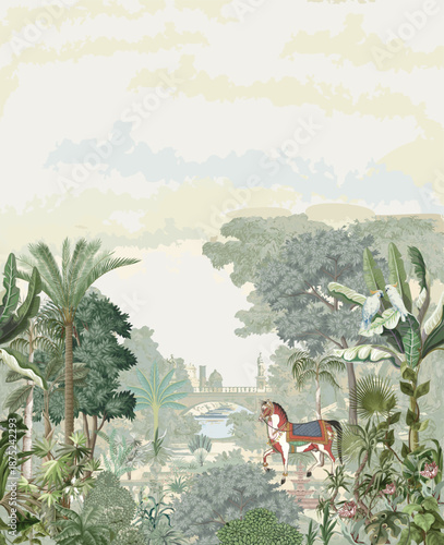 A traditional vintage illustration blending British landscape aesthetics with Mughal gardens, forests, horses, and parrots