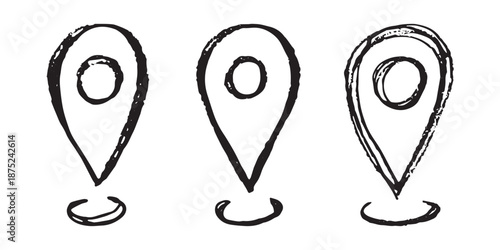 Set of hand drawn map pin Map marker pointer sign GPS and mapping tools Location pin symbol Pinpoint clipart in doodle style Single element for web, design