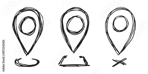 Set of hand drawn map pin Map marker pointer sign GPS and mapping tools Location pin symbol Pinpoint clipart in doodle style Single element for web, design