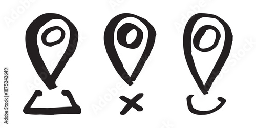 Set of hand drawn map pin Map marker pointer sign GPS and mapping tools Location pin symbol Pinpoint clipart in doodle style Single element for web, design
