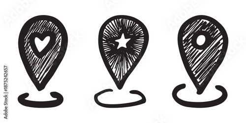 Set of hand drawn map pin Map marker pointer sign GPS and mapping tools Location pin symbol Pinpoint clipart in doodle style Single element for web, design