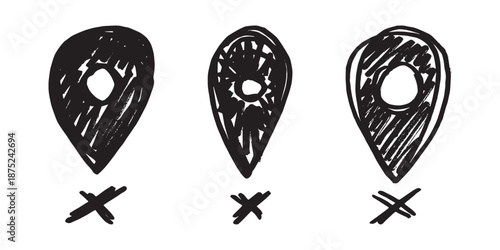 Set of hand drawn map pin Map marker pointer sign GPS and mapping tools Location pin symbol Pinpoint clipart in doodle style Single element for web, design