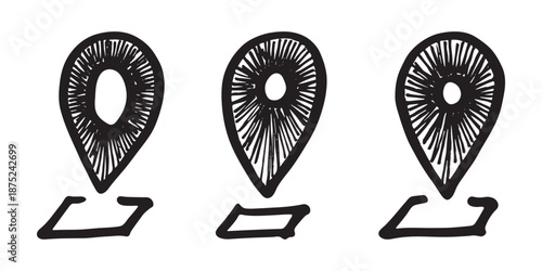 Set of hand drawn map pin Map marker pointer sign GPS and mapping tools Location pin symbol Pinpoint clipart in doodle style Single element for web, design
