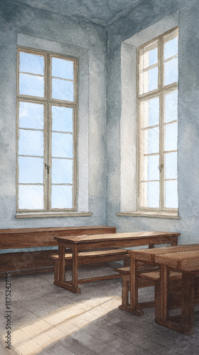 A Serene Interior Space with Beautiful Sunlight Filtering Through Large Windows, Highlighting the Elegant Wooden Furniture and Calm Atmosphere Perfect for Reflection or Work