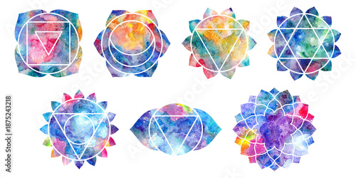Chakras set isolated icons, illustrations, symbols with bright space cosmic watercolor texture. Multicolored colorful hand drawn signs. For printing, web design, prints, bags, textiles, posters.