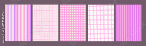Retro whimsical backgrounds set with hand-drawn stripes, checks and gingham. Cute pastel textures for coquette stationery, scrapbooking, textile, fabric, packaging, wrapping. Flat vector illustration.