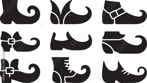 Elf Shoe Silhouettes Set Black Vector Collection Pointed Curled Fantasy Boots Icons