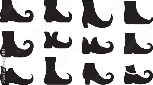 Elf Shoe Silhouettes Set Black Vector Collection Pointed Curled Fantasy Boots Icons