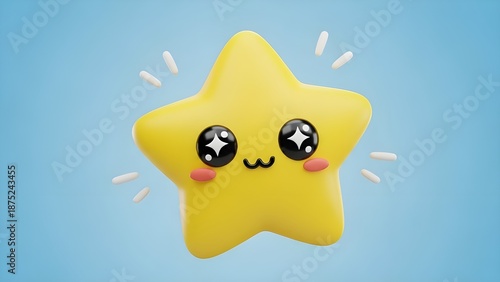 A very cheerful yellow 3D star character with big, sparkling eyes. It has rosy cheeks and an adorable facial expression with white light details around it.