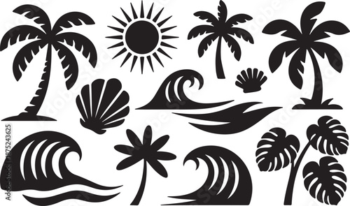 Summer Beach Silhouettes Set Black Vector Collection Tropical Vacation Icons Pack