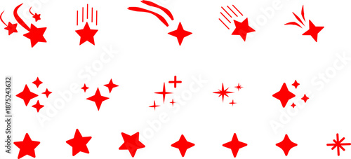 Red star icons with shooting stars and sparkling twinkles on a white background, perfect for digital design, stickers, decoration, branding, and creative projects.