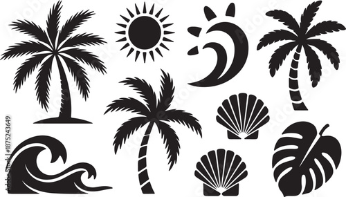 Summer Beach Silhouettes Set Black Vector Collection Tropical Vacation Icons Pack