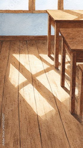 A Tranquil Interior Scene Emphasizing Sunlight and Shadows Over Wooden Furniture, Celebrating Cozy and Inviting Living Spaces in Modern Home Design