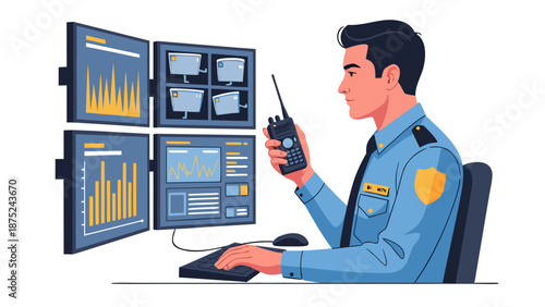 Male security guard checking surveillance monitors with charts at desk, white background, isolated, vector
