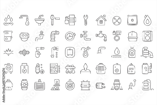 Water System and Sanitary Equipment Line Icons for Construction Manuals