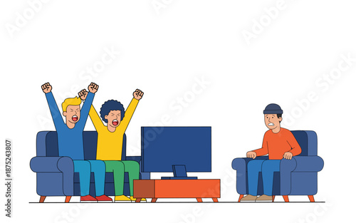 Vector Illustration of Sports Fans Watching TV with Contrasting Emotions, Celebrating Victory and Feeling Disappointed.