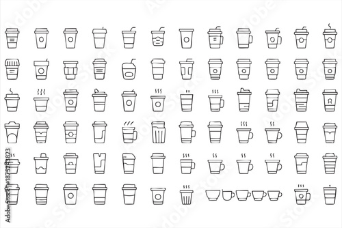 Takeaway Drink and Mug Line Icons for Coffee Shop Branding Materials