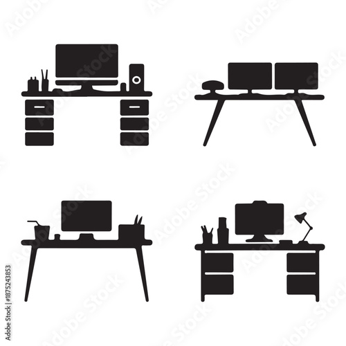 Desk setup silhouette featuring a modern workstation with computer and drawers