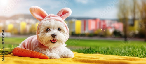 Shih Tzu dog in bunny costume with carrot outdoors in spring park