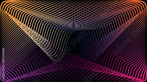 Abstract futuristic background with flowing 3D wave grid and curved lines. Vibrant gradient mesh creates depth and motion, symbolizing technology,  and digital networks.