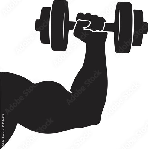 A black silhouette of a muscular arm lifting a dumbbell against a white background