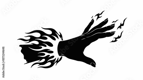 A black silhouette of a hand with flames erupting from its wrist and fingertips