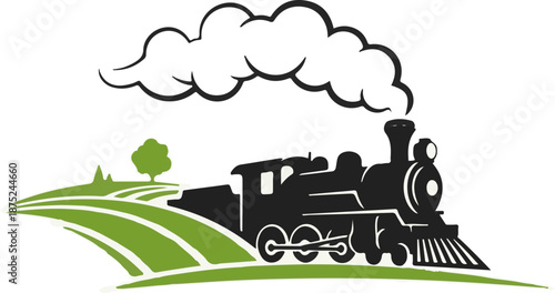 A black silhouette of a vintage steam train emits smoke over a green, stylized landscape