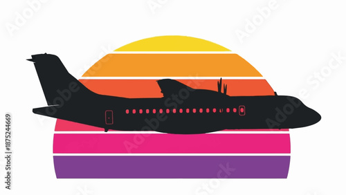 A black silhouette of a turboprop airplane flies against a sunset made of colorful stripes