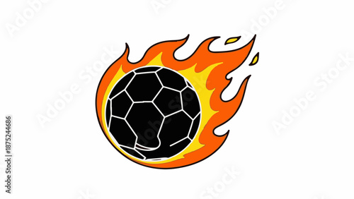 A black soccer ball with white hexagonal panels is engulfed in stylized orange and yellow flames