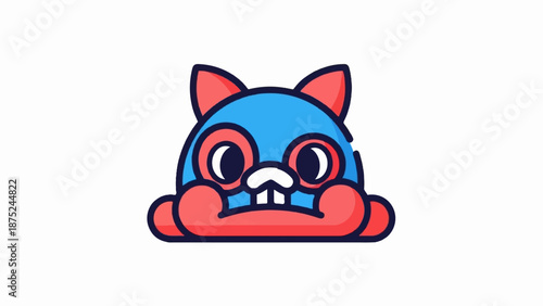 A blue and red cartoon creature with large dark eyes and buck teeth peeks over a white surface