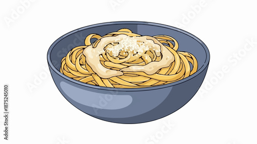 A blue bowl of pasta topped with creamy sauce and grated cheese