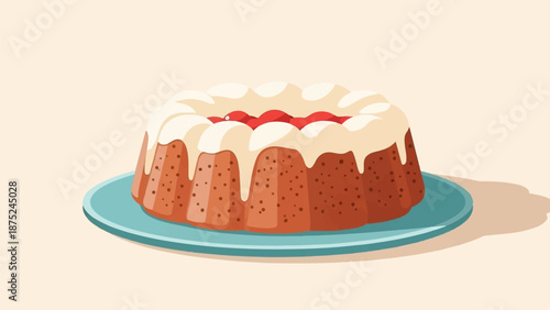 A bundt cake with white icing and red topping sits on a blue plate