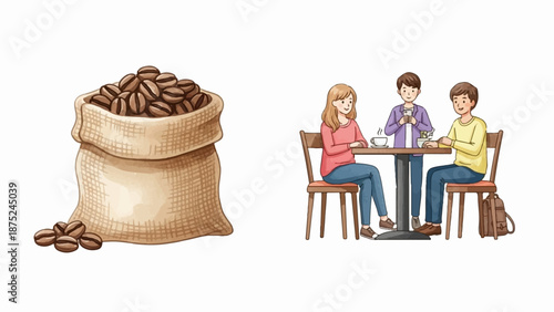 A burlap sack overflows with coffee beans next to three people chatting at a cafe table