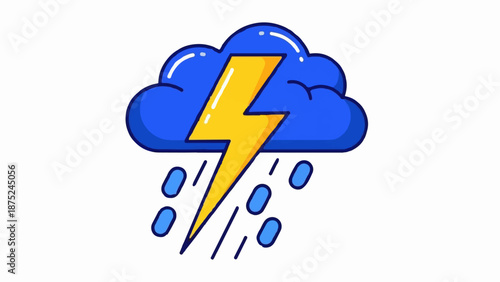 A blue cartoon cloud with a yellow lightning bolt and rain drops