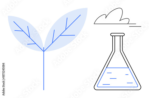 Sustainability, environmental science, biotechnology, eco-friendly solutions, nature, innovation. A stylized leaf and flask with a cloud. Sustainability and environmental science concepts