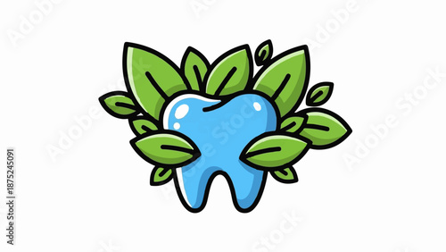 A blue cartoon tooth with green leaves encircling it