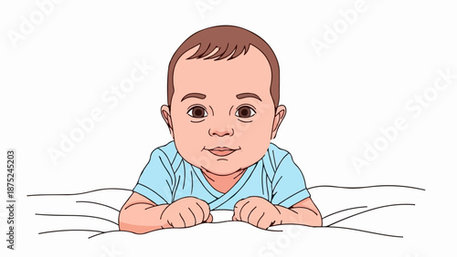 A cartoon baby in a light blue onesie lies on its stomach, looking forward with curious eyes