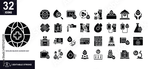 world blood donor day glyph icon set