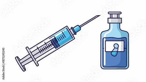 A blue liquid filled syringe and a bottle with blue liquid, on a white background