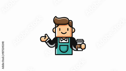 A cartoon barista offers a drink with a welcoming gesture