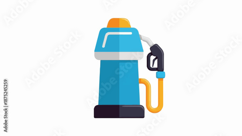 A blue, orange, and white gas pump with a black nozzle and orange hose