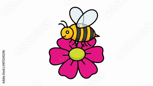 A cartoon bee with yellow and black stripes rests on a bright pink flower with a green center