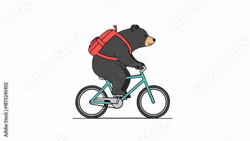 A cartoon black bear with a red backpack rides a blue bicycle on a white background