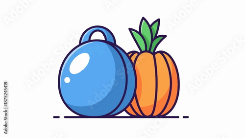 A blue spherical object with a handle sits next to a segmented orange gourd