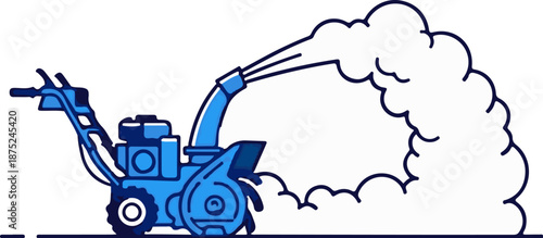 A blue snowblower is pictured in profile, clearing snow in a cloudy burst