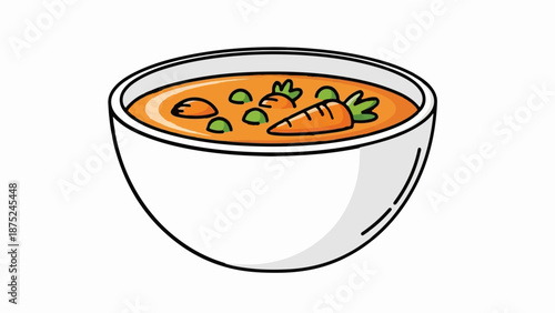 A cartoon bowl of orange soup with carrots and peas