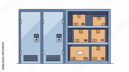 A blue storage unit with two locked doors and an open section with six stacked boxes