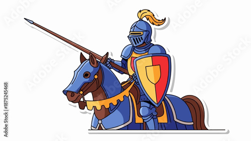 A blue-armored knight on a brown horse, holding a lance and shield