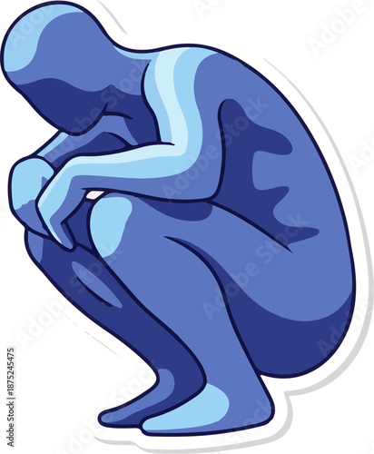 A blue, stylized figure is crouched, head down, arms wrapped around knees